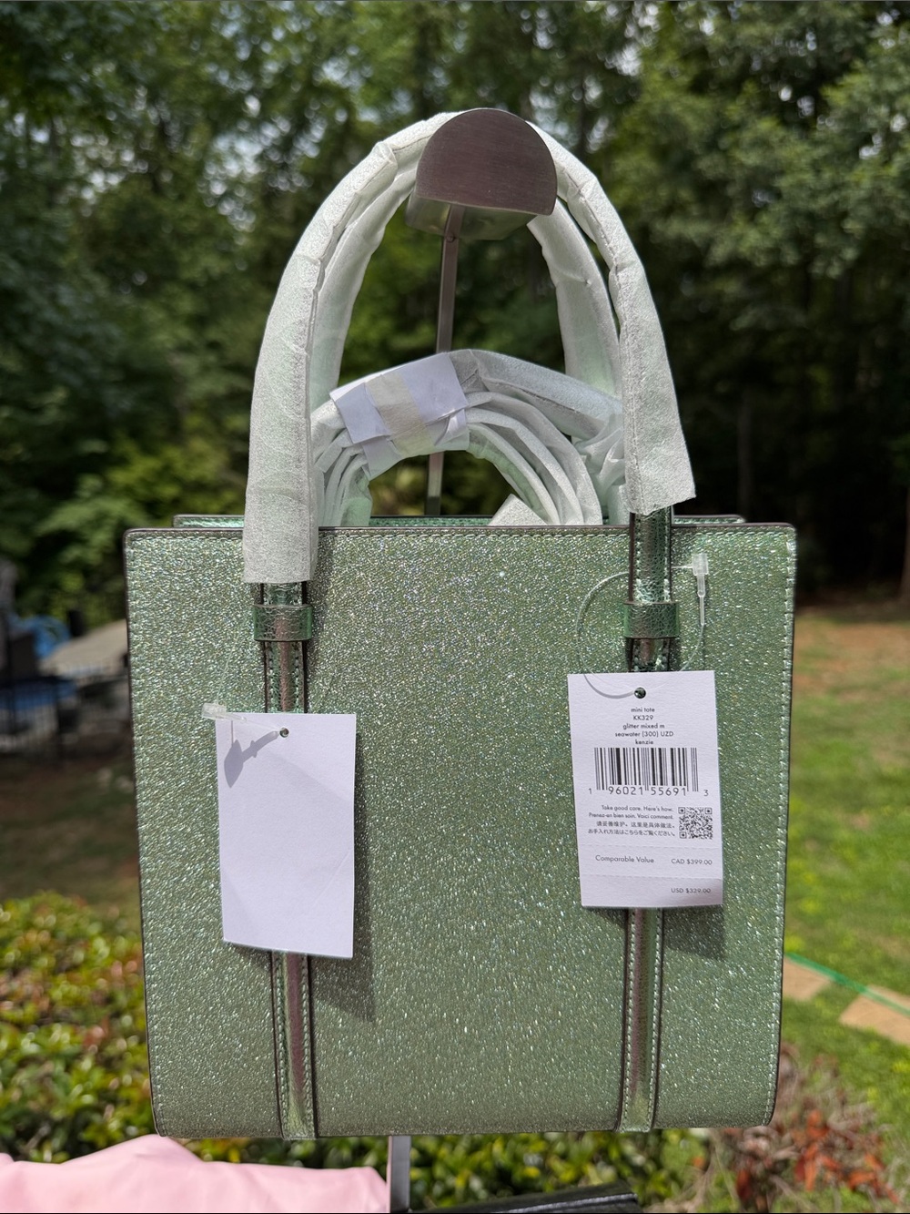 Kate Spade NWT Mini Tote Green Gold Glitter Bag, Wallet, Card Case Retail$580 - Picture 13 of 17